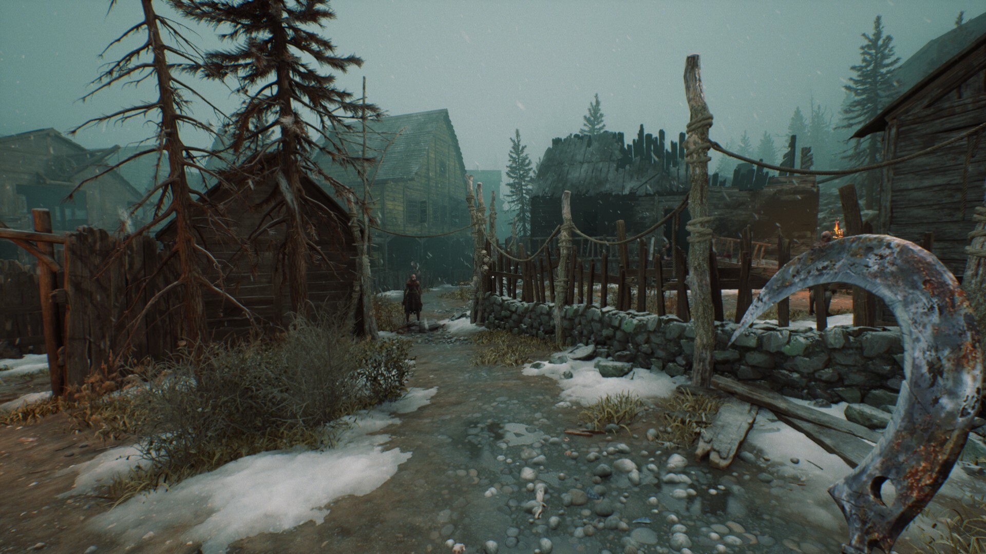 Stygian: Outer Gods first-person screenshot: a foggy village path with a fence and a hanging horseshoe.
