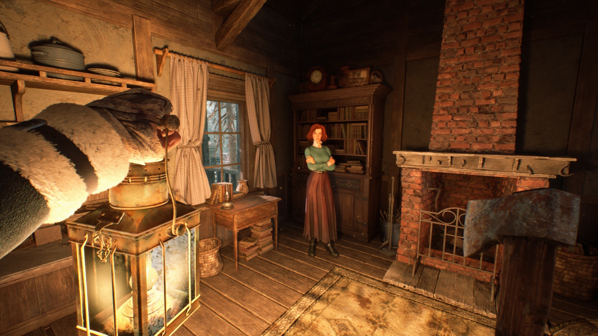 Stygian: Outer Gods first-person screenshot: a lantern-lit cabin interior with a woman by the fireplace.
