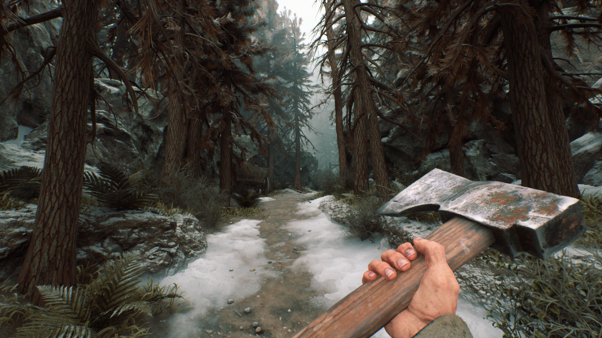Stygian: Outer Gods first-person screenshot: a hatchet held on a snowy forest trail.