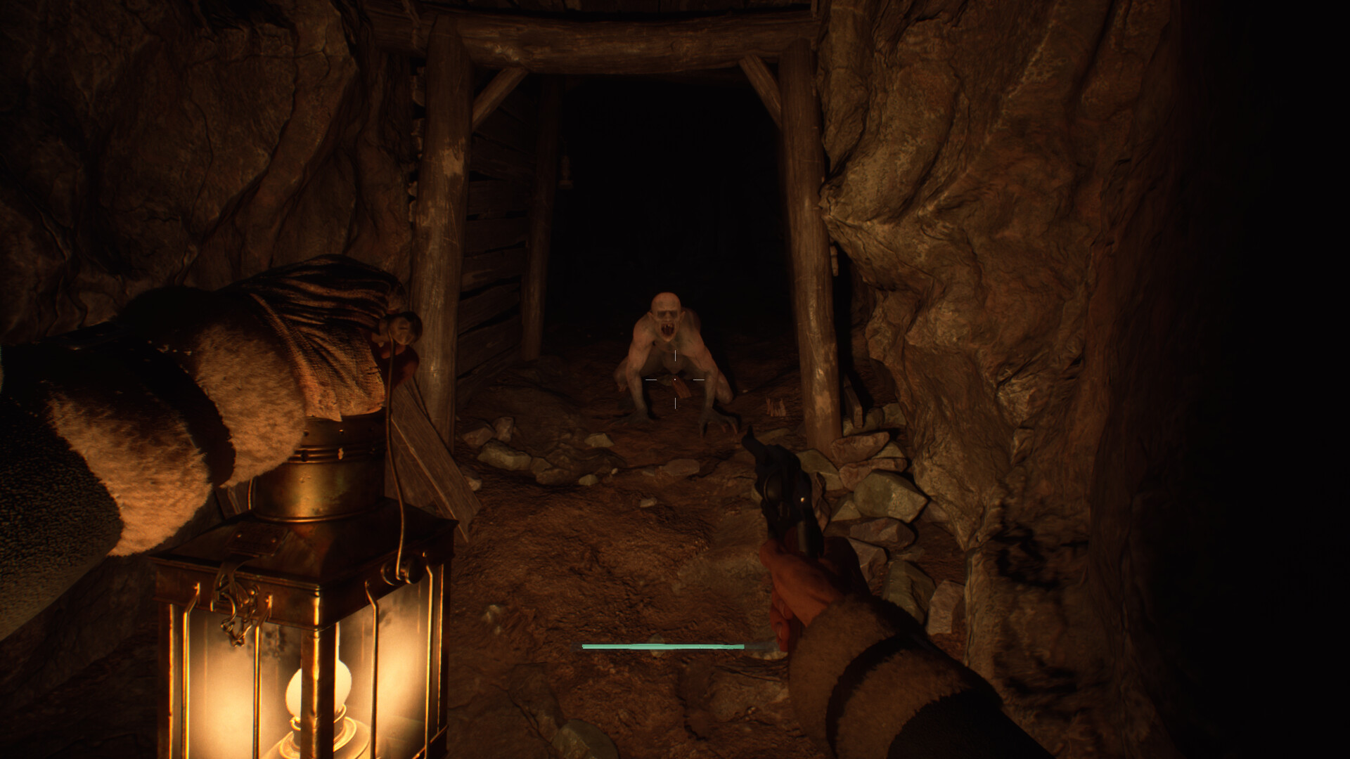 Stygian: Outer Gods first-person screenshot: a lantern in a mine tunnel with a pale creature ahead.